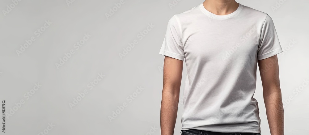 Poster mock up of a plain white t shirt girl dressed in a plain white t shirt. with copy space image. place