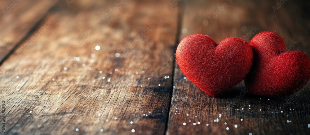Poster red felt love hearts on a sparkling wooden plank. with copy space image. place for adding text or de
