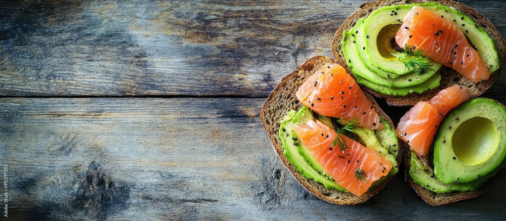 Aufkleber whole grain rye bread toast topped with salmon and avocado set against a wooden table background a n