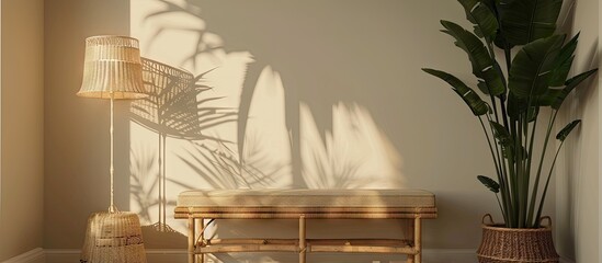 Grey bench with a wicker lamp and a houseplant against a beige background. with copy space image. Place for adding text or design