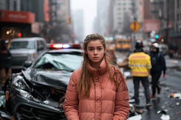 Fototapeta premium A woman in a pink jacket stands in front of a damaged car on a city street, with emergency responders and police in the background managing the chaotic scene.