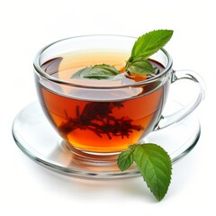 A clear glass teacup filled with black tea, garnished with fresh mint leaves, placed on a matching saucer, isolated on white background.