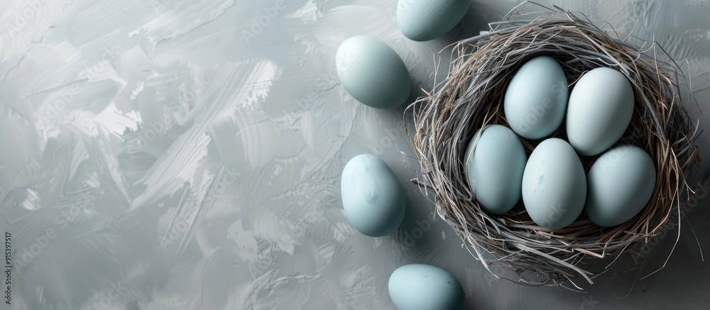 Leinwandbilder Close up of Easter eggs in a nest against a grey background Top view. with copy space image. Place for adding text or design