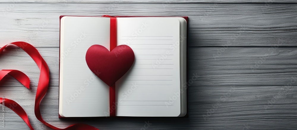 Aufkleber Red ribbon shaped like a heart on a notebook flat lay representing the celebration of all lovers on St Valentine s Day. with copy space image. Place for adding text or design