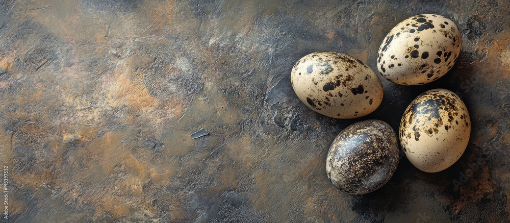 Leinwandbilder painted quail eggs on a stone surface. with copy space image. place for adding text or design