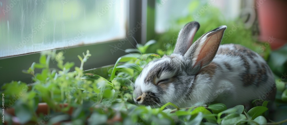 Poster adorable fluffy spotted bunny with gray and white fur resting next to a pot containing a green house