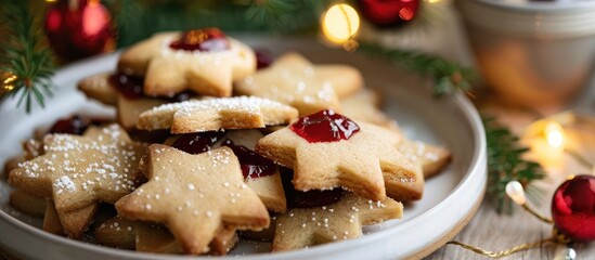 Homebaked Christmas Star Cookies with Chocolate Cherry Jam and Icing Sugar. with copy space image. Place for adding text or design