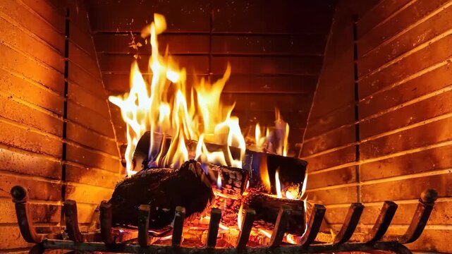 Fire burning in fireplace. Warm home in winter, Christmas holiday