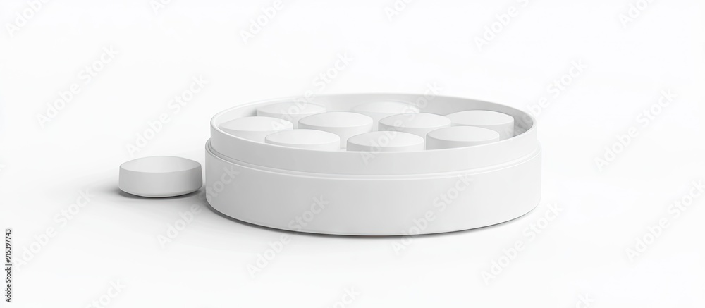 Poster white tablets in a container on a white background. with copy space image. Place for adding text or design