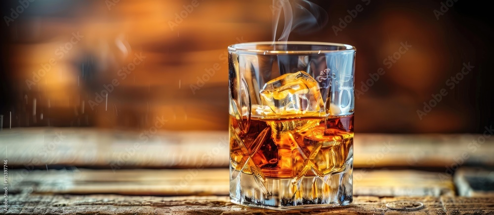 Aufkleber glass of whiskey with ice on a wooden surface. with copy space image. Place for adding text or design