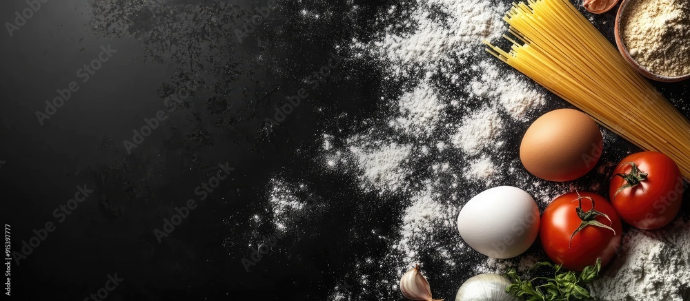 Aufkleber ingredients on a black chalkboard eggs onions tomatoes spaghetti flour. with copy space image. Place for adding text or design