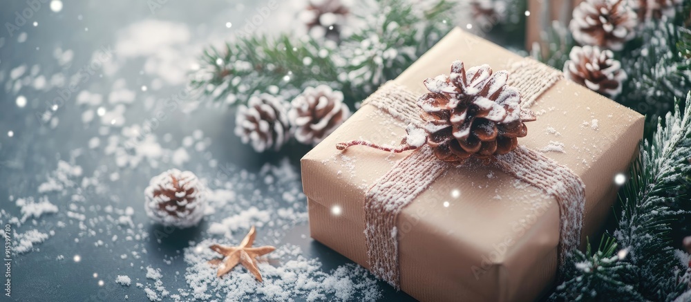 Poster lovely christmas present surrounded by snowy holiday decorations on the table. with copy space image