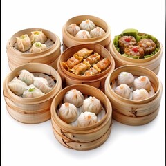 A variety of delicious dim sum dishes are on display, including shumai, har gow, and xiao long bao