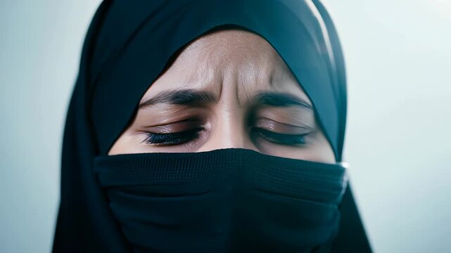 A Muslim woman in a hijab and niqab looks directly at the camera. the focus is on her eyes, conveying a sense of mystery and cultural identity.
Concept: cultural identity Islam