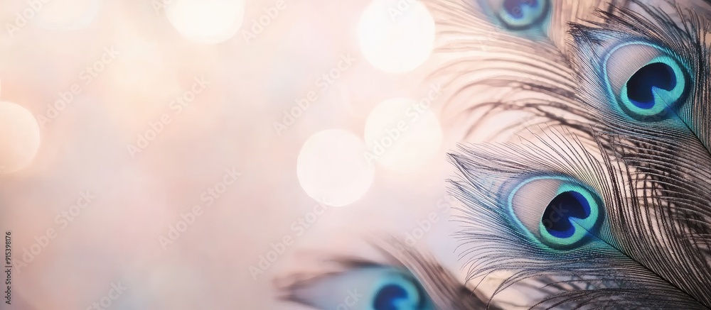 Poster Peacock feathers with a blurred background and text copy space