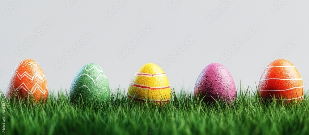 Poster vibrant easter eggs on green grass. with copy space image. place for adding text or design