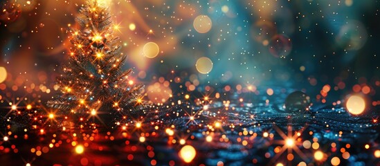 Sparks from burning bengal lights against the backdrop of a Christmas tree in a dimly lit room A festive atmosphere New Year s or Christmas theme Winter holiday concept Copy space Area for text