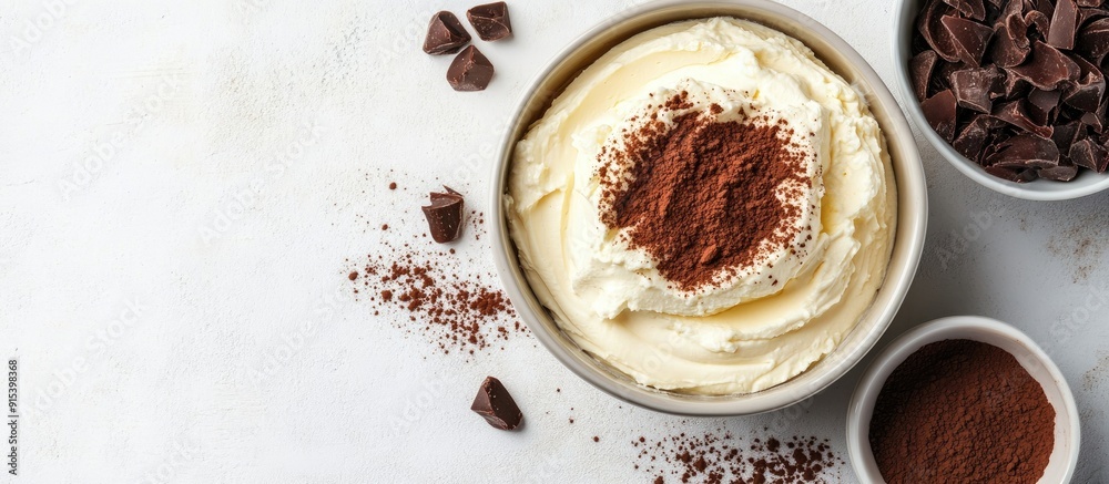 Poster mascarpone cheese and ingredients for creating the italian dessert tiramisu on a light concrete surf