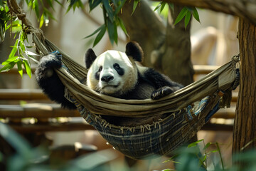 Obraz premium A panda rests in a hammock strung between two sturdy trees in a lush, green forest that enhances the panda's peaceful solitude