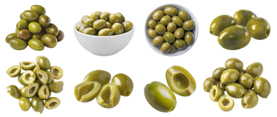 Green olive olives fruit vegetable, many angles and view side top front bowl pile slice isolated on transparent background cutout, PNG file. Mockup template for artwork graphic design