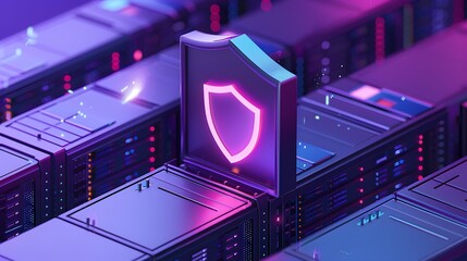 Futuristic digital shield symbolizing cybersecurity protection among virtual servers and data centers with purple neon lights.