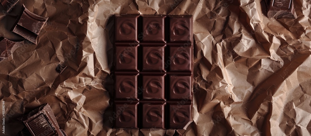 Leinwandbilder textured vintage paper backdrop featuring a dark chocolate bar. with copy space image. Place for adding text or design