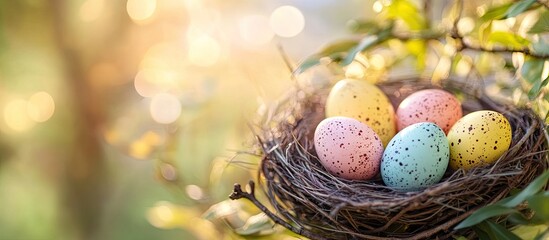 Easter holiday backdrop featuring pastel colored Easter eggs in a nest accompanied by spring flowers and leaves. with copy space image. Place for adding text or design