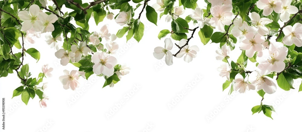 Poster Blooming flowers and leaves of a tree on a white background. with copy space image. Place for adding text or design
