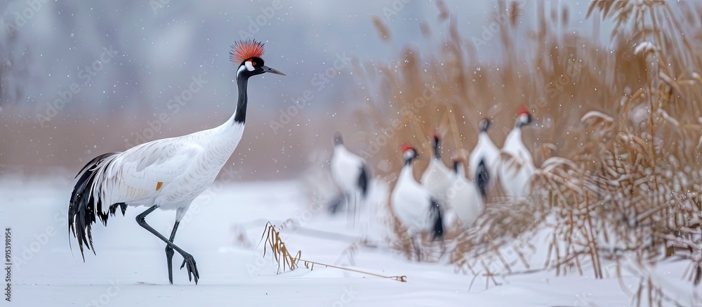 Aufkleber Winter bird watching red crowned crane. with copy space image. Place for adding text or design