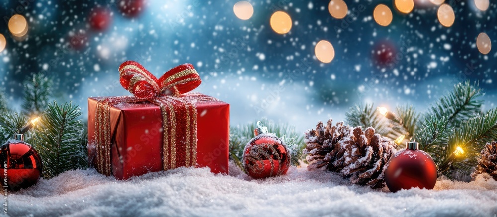 Poster lovely christmas present surrounded by snowy holiday decorations on the table. with copy space image