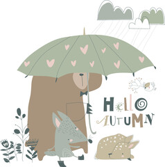 Funny animals under umbrella. Autumn time. Rainy weather. Vector image