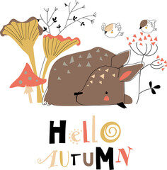 Cute little deer sleeping in the autumn forest. Vector illustration