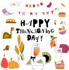 Funny turkeys with Thanksgiving theme on white background. Vector set