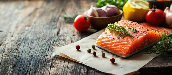 Food and a sheet of paper featuring a diet plan on a dark wooden surface A concept related to diet and a healthy lifestyle. with copy space image. Place for adding text or design