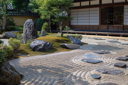 traditional Japanese Zen garden. Raked gravel and carefully arranged rocks. The air is filled with tranquility and the bamboo leaves rustle softly.