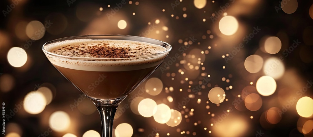 Poster coffee martini cocktail set against disco lights. with copy space image. place for adding text or de
