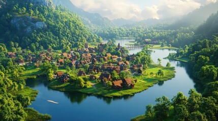 A Picturesque Village Nestled in a Lush Valley with a Winding River