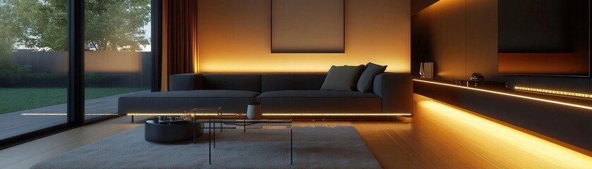 Modern living room with minimalist design, featuring a stylish sofa, ambient lighting, and large windows overlooking a garden.