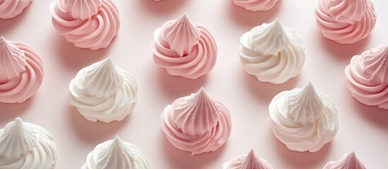 The light meringue in white and pink is arranged in rows and columns on a light desk. with copy space image. Place for adding text or design