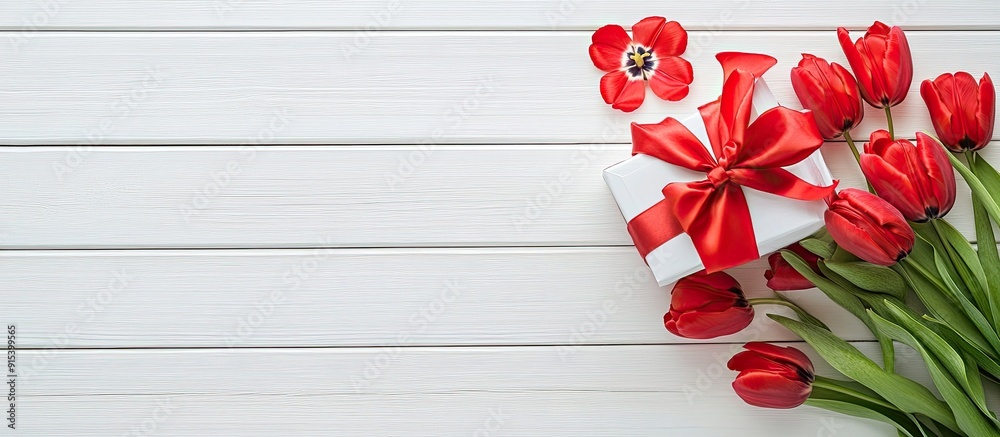 Poster lovely gift box with a bow and red tulip flowers on a white wooden background top view copyspace ava