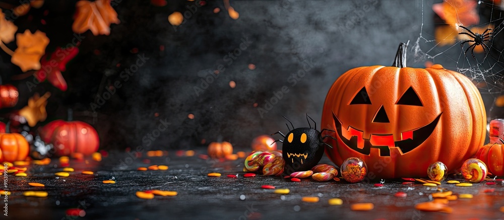 Poster halloween holiday backdrop featuring a pumpkin and candy halloween theme pumpkins spiders and a mask