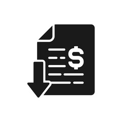 Money document with arrow down. Tax decrease icon flat style isolated on white background. Vector illustration