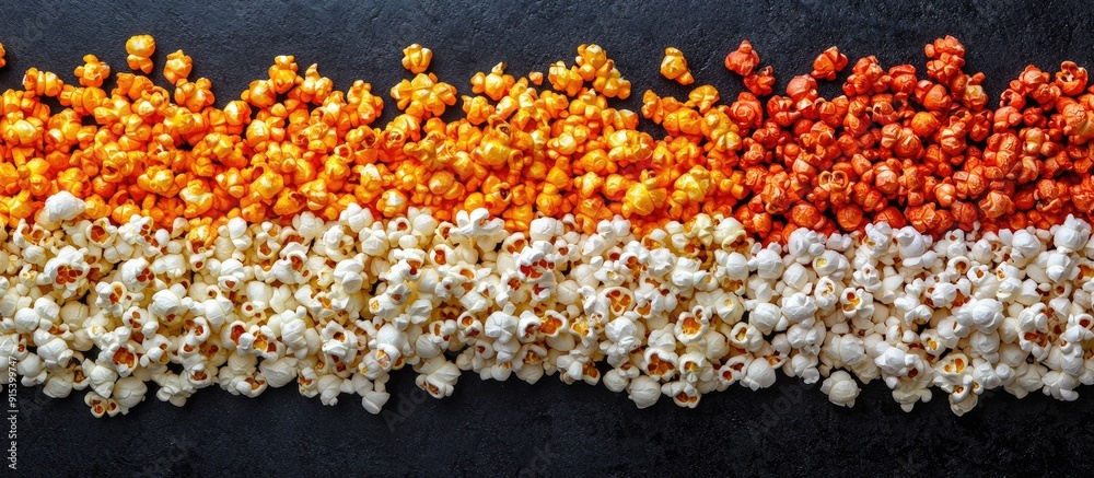 Poster Assorted popcorn arranged as a background Sweet and salty popcorn on a black backdrop Still life top view flat lay Theme of cinema and entertainment. with copy space image