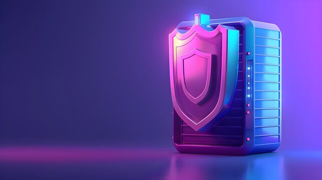 Futuristic secure server with shield symbol, glowing in purple and blue light, representing cybersecurity and technology protection.