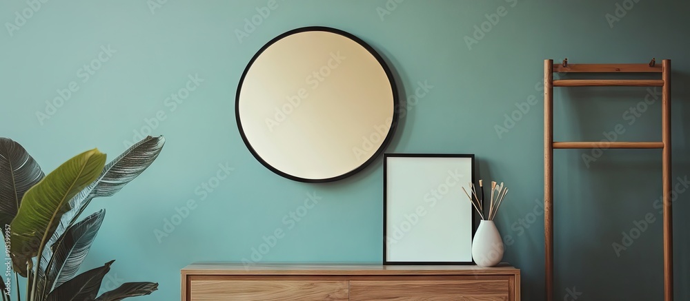Poster plant on a wooden cabinet positioned between a mirror and a rack in a contemporary anteroom with a p