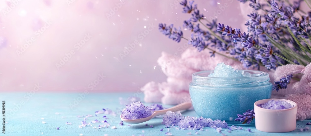 Aufkleber handmade lavender scrub with coconut oil lavender tonic spa set toiletries. with copy space image. p