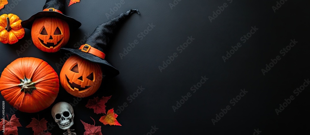 Poster preparing for halloween with pumpkins and adorable halloween creatures like a skeleton and a witch b