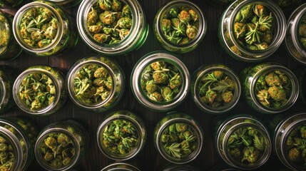 Overhead view of cannabis jars filled with green buds