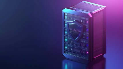 Futuristic server rack with shield symbol, representing cybersecurity and data protection in a technology-driven environment.