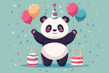 Naklejka premium Flat vector illustration. Panda celebrates his birthday with colorful balloons and cake